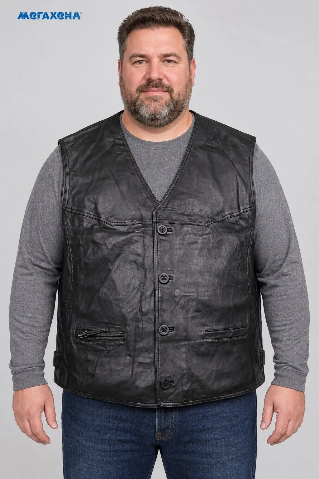 Чёрный кожаный жилет David Moore на пуговицах, размер 60 (3XL)